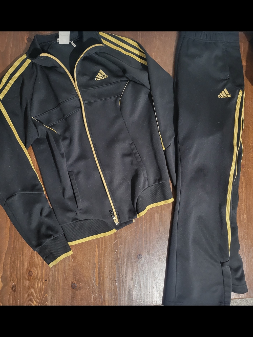 Vintage Adidas Black Track Jacket & Pants Set with Gold Trim